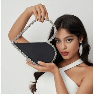 ❤️💎 Jeweled Handle Sparkling Rhinestone Heart Shaped Black Clutch Purse Bag NEW